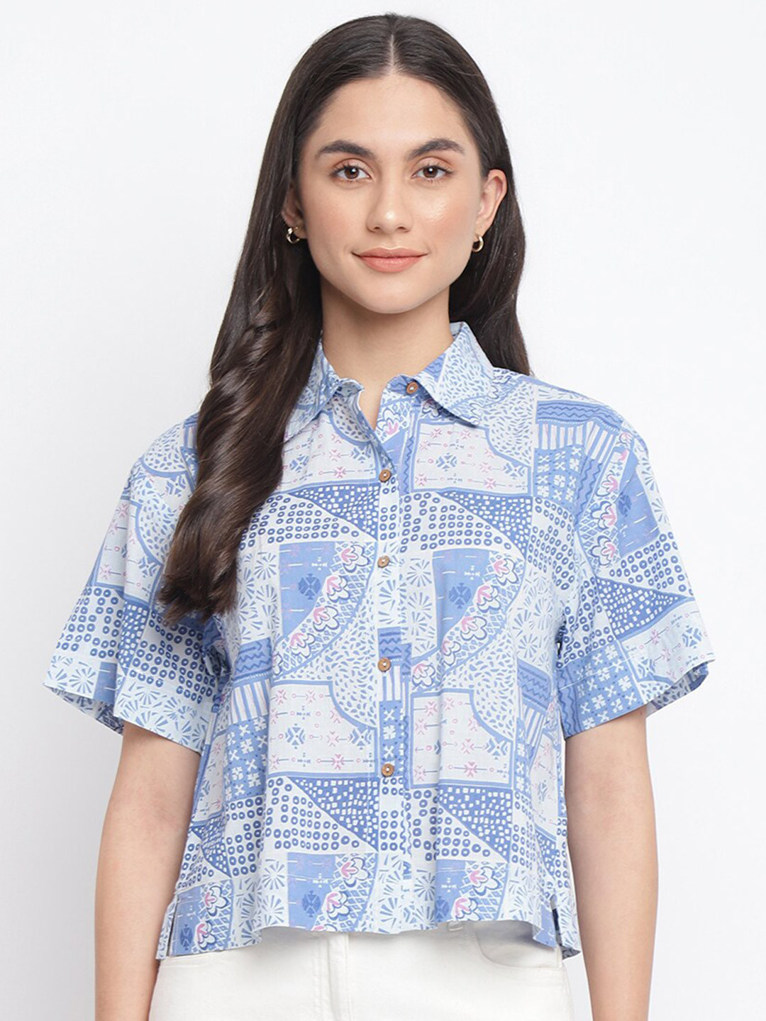 

Fabindia Women Blue Printed Cotton Casual Shirt