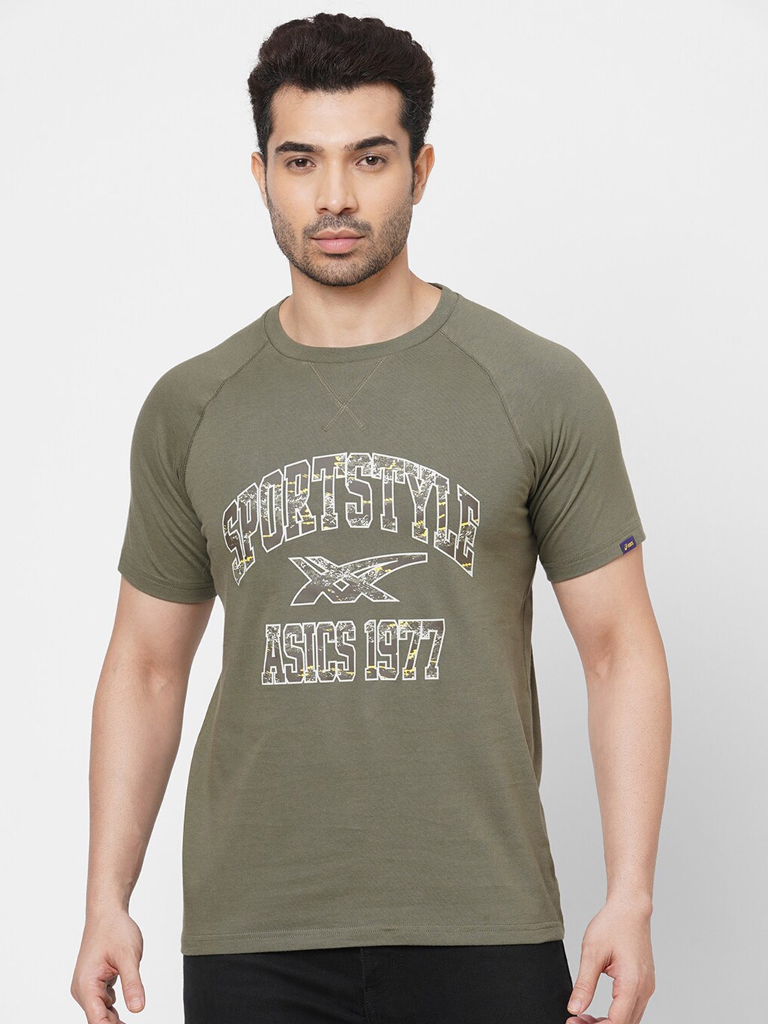 

ASICS Men Graphic SS Printed Round Neck Cotton T-shirt, Olive