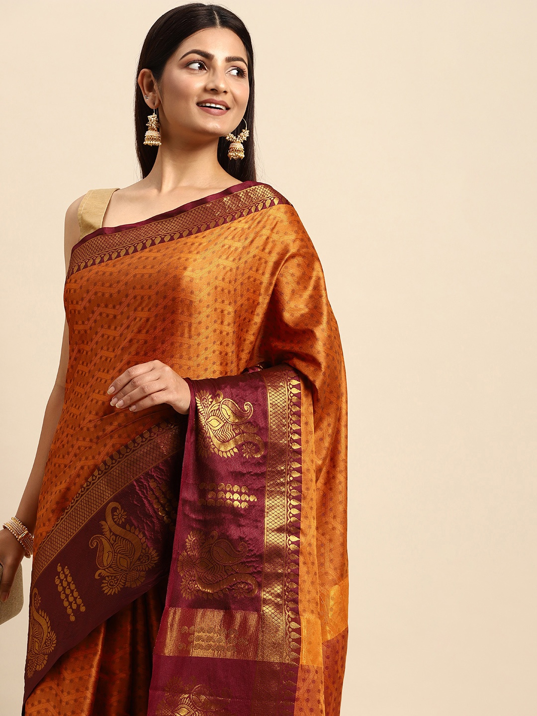 

Anouk Mustard & Maroon Woven Design Zari Silk Blend Banarasi Saree