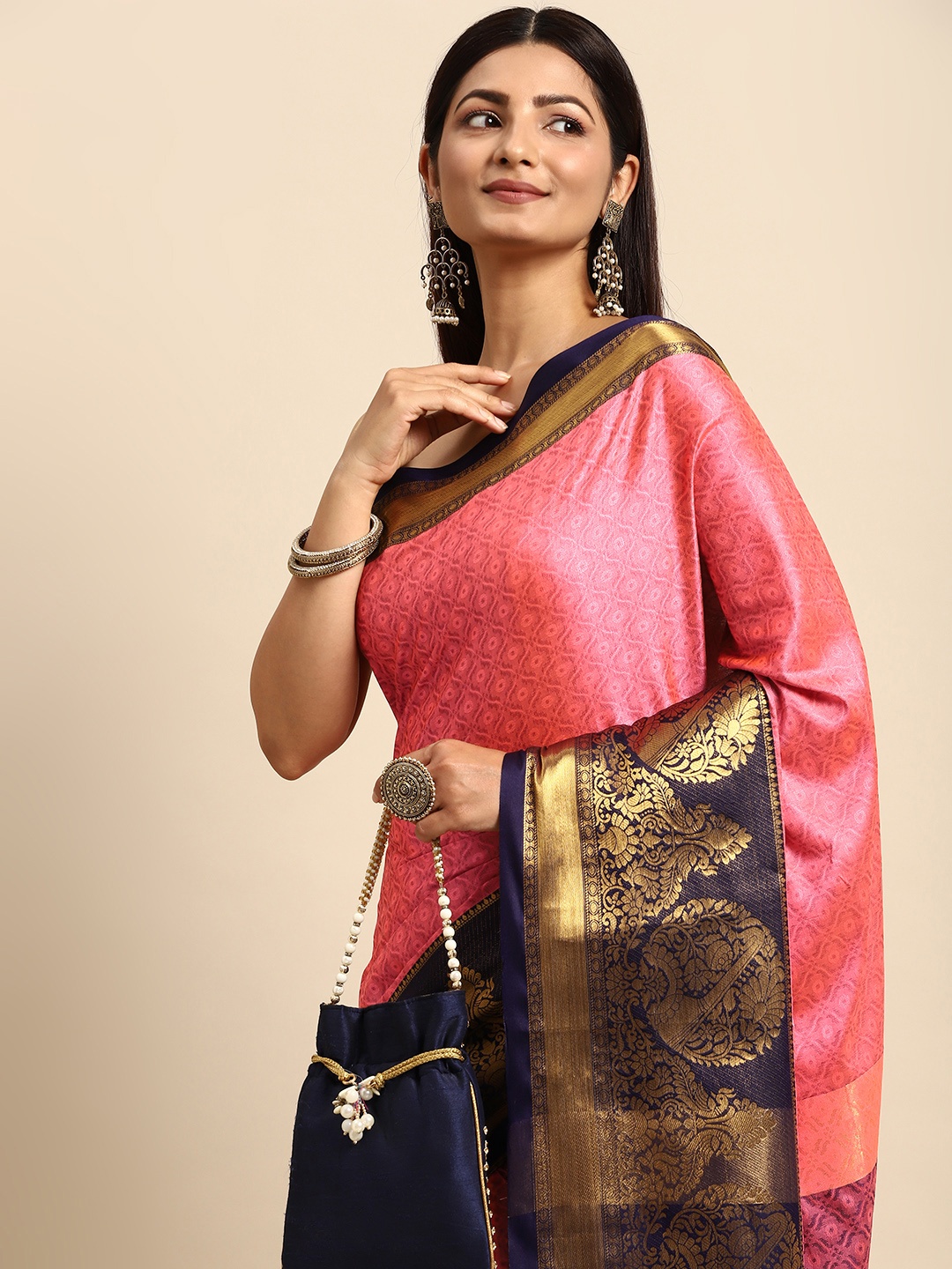 

Anouk Pink & Black Ethnic Motifs Zari Silk Blend Banarasi Saree