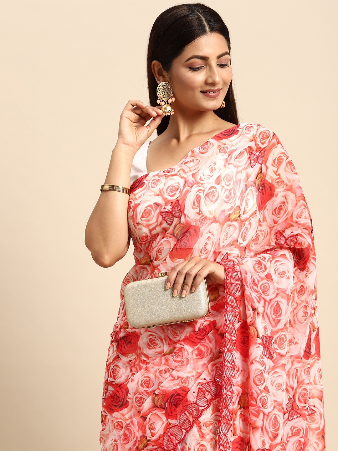 

Anouk Rose Ethnic Motifs Embroidered Pure Georgette Saree