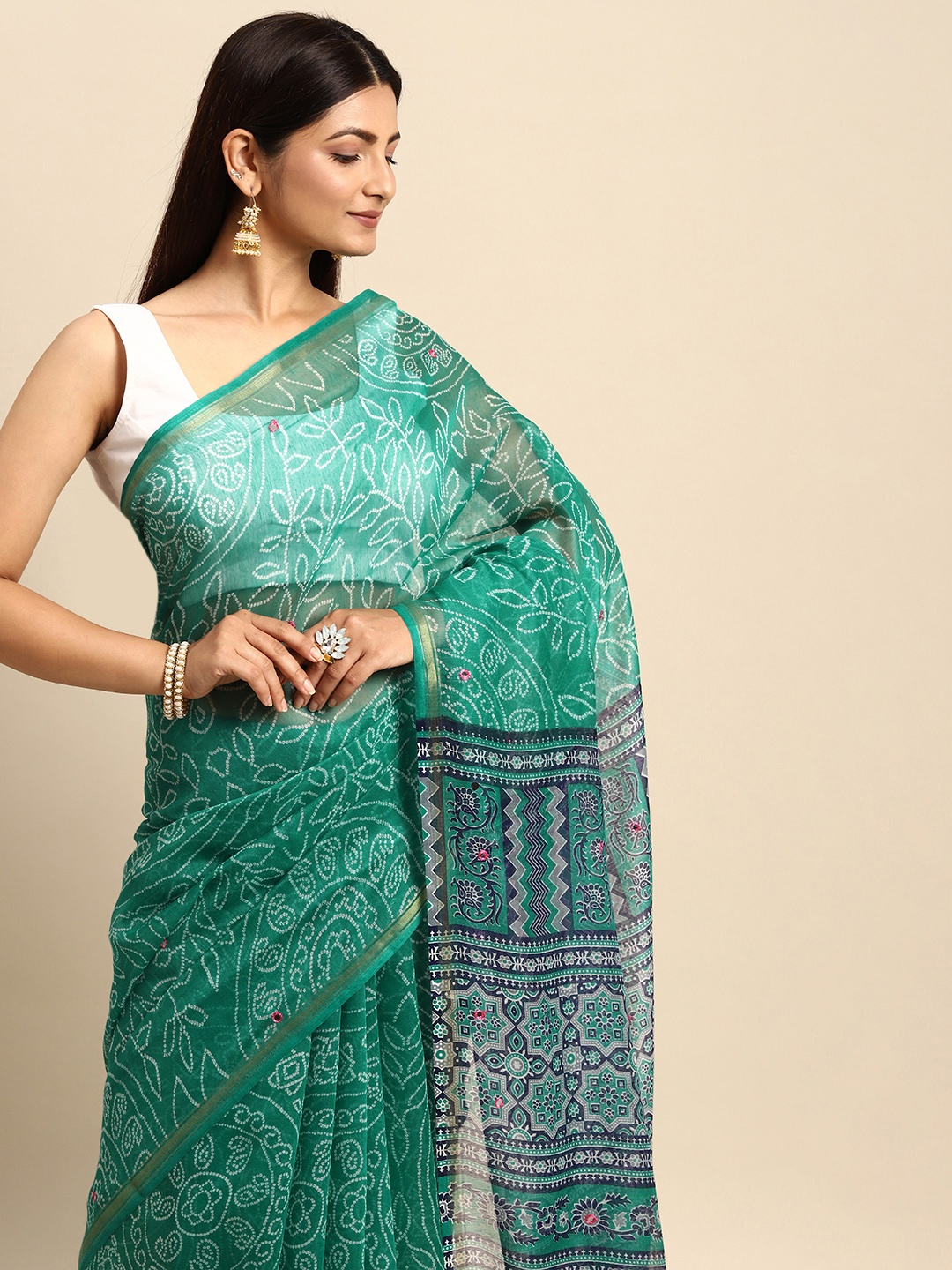 

Anouk Green & Pink Ethnic Motifs Embroidered Chanderi Saree