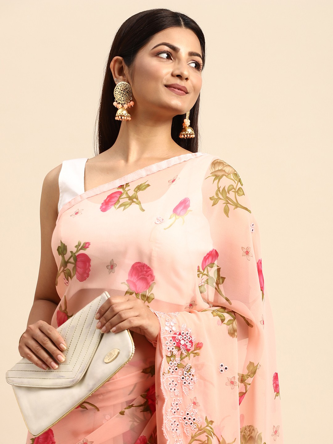 

Anouk Peach-Coloured Floral Mirror Work Pure Georgette Saree