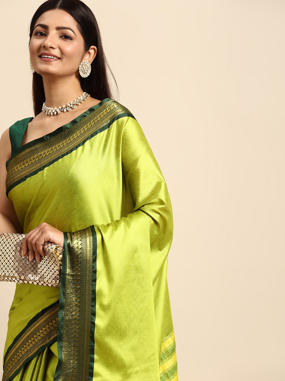 

Anouk Olive Green & Gold-Toned Zari Silk Blend Banarasi Saree