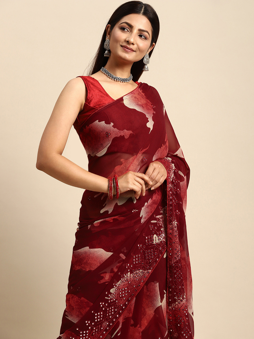 

Anouk Maroon Mirror Work Pure Georgette Saree