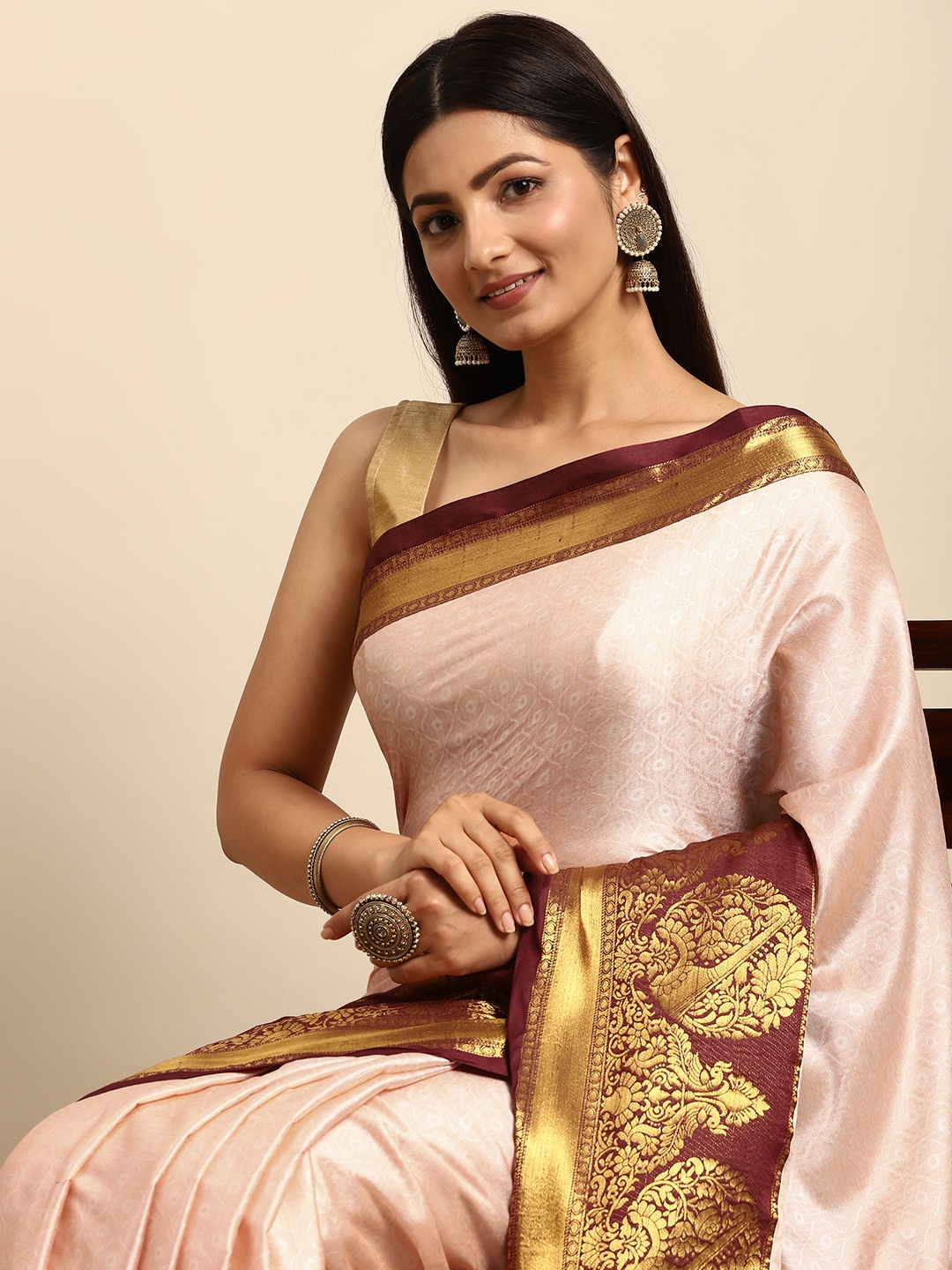 

Anouk Rose Ethnic Motifs Zari Silk Blend Banarasi Saree