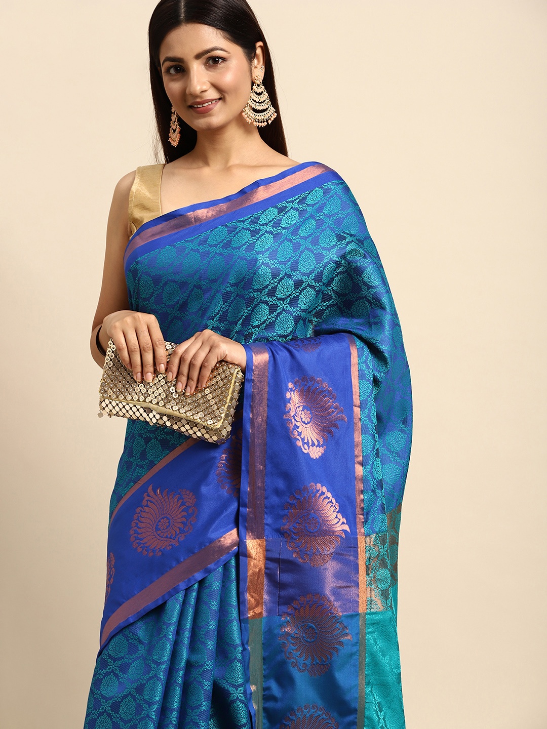 

Anouk Blue & Rose Gold Ethnic Motifs Zari Silk Blend Banarasi Saree