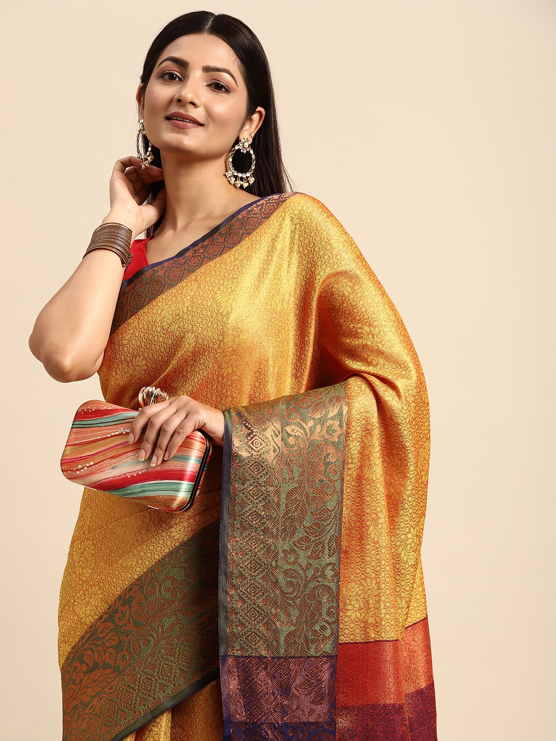 

Anouk Mustard & Maroon Woven Design Zari Silk Blend Banarasi Saree