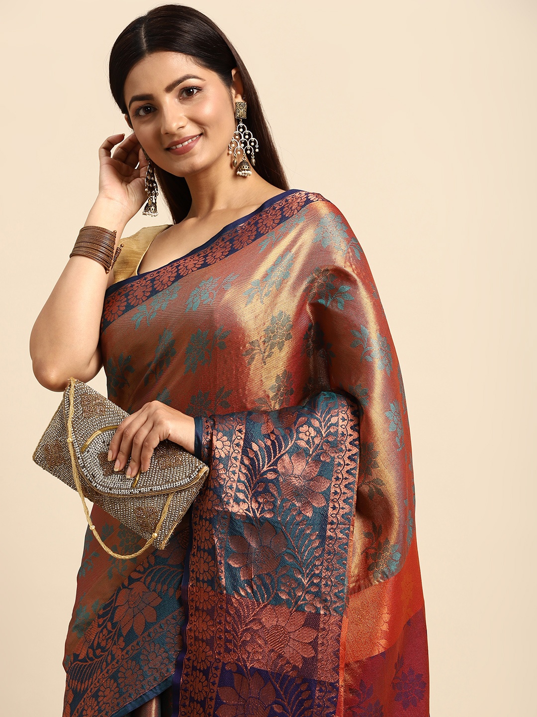 

Anouk Orange & Rose Gold Ethnic Motifs Zari Silk Blend Banarasi Saree
