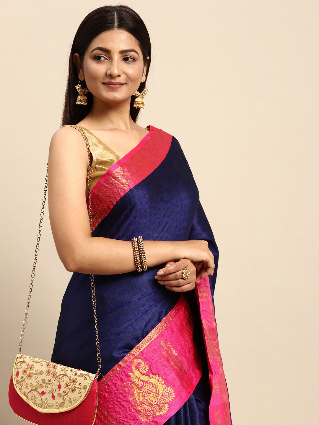 

Anouk Navy Blue & Pink Woven Design Zari Silk Blend Banarasi Saree