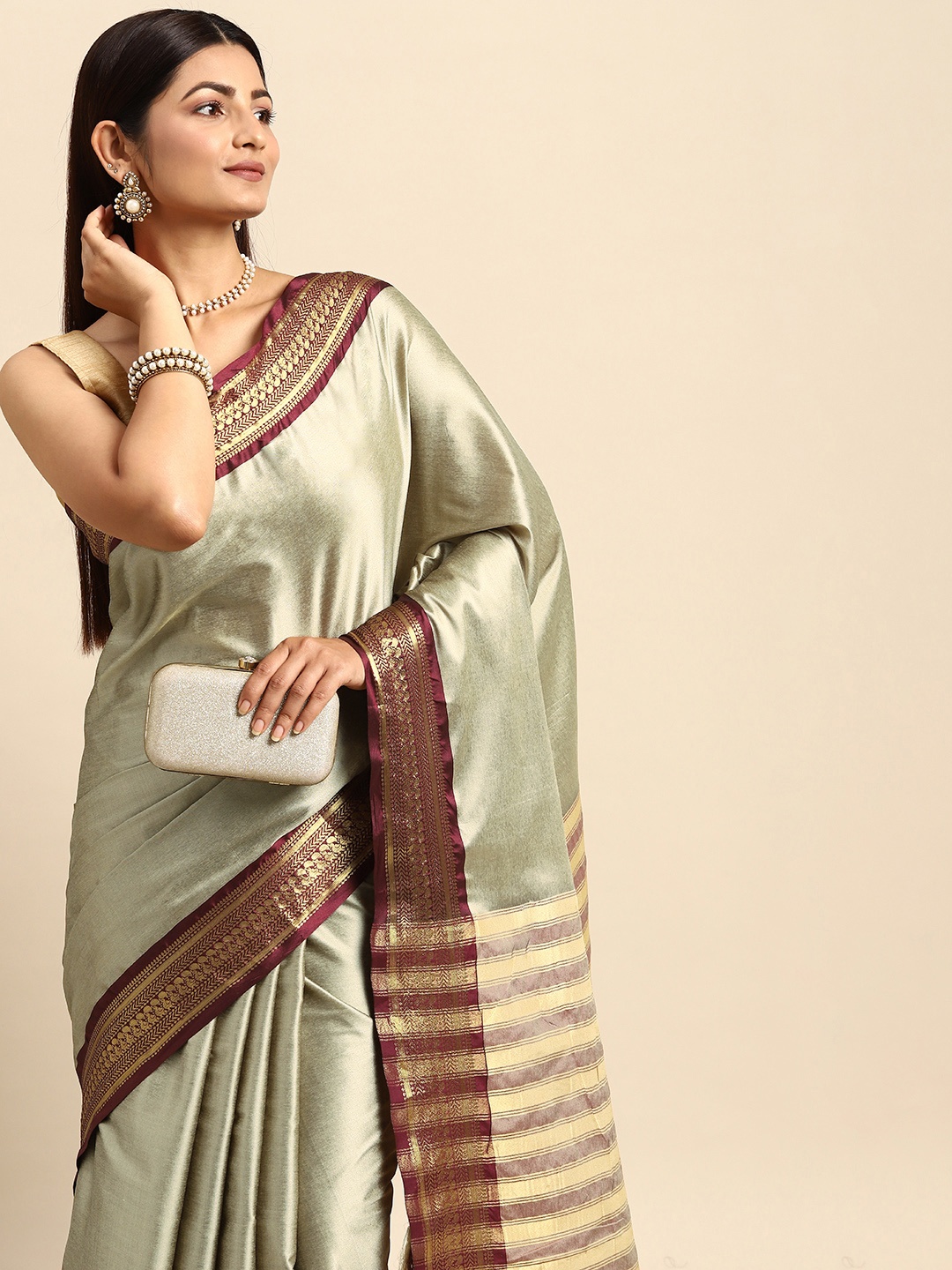

Anouk Beige & Maroon Zari Silk Blend Banarasi Saree