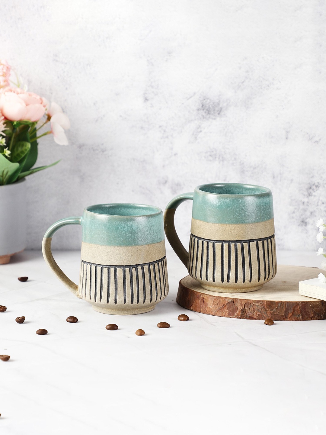 

The Decor Mart Set Of 2 Pieces Beige & Turquoise Blue Textured Mugs Set 400 ml Each