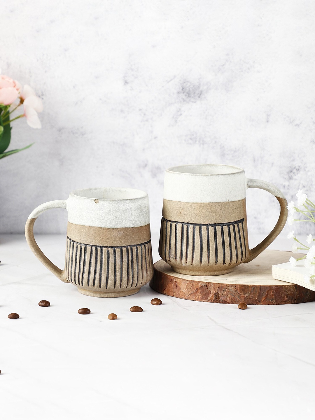 

The Decor Mart White & Brown Set of 2 Textured Ceramic Matte Mugs 400 ml Each