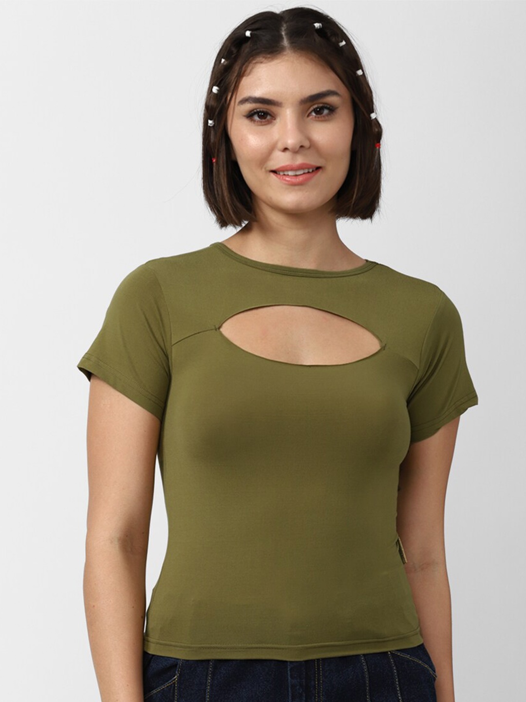 

FOREVER 21 Women Solid Top with Cut Out Detail, Olive