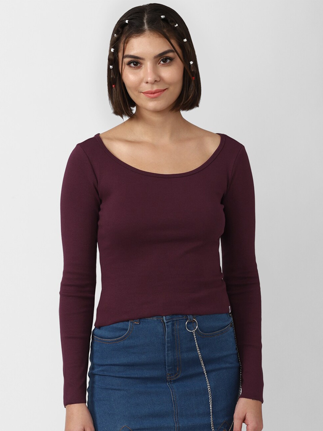 

FOREVER 21 Women Burgundy Slim Fit T-shirt