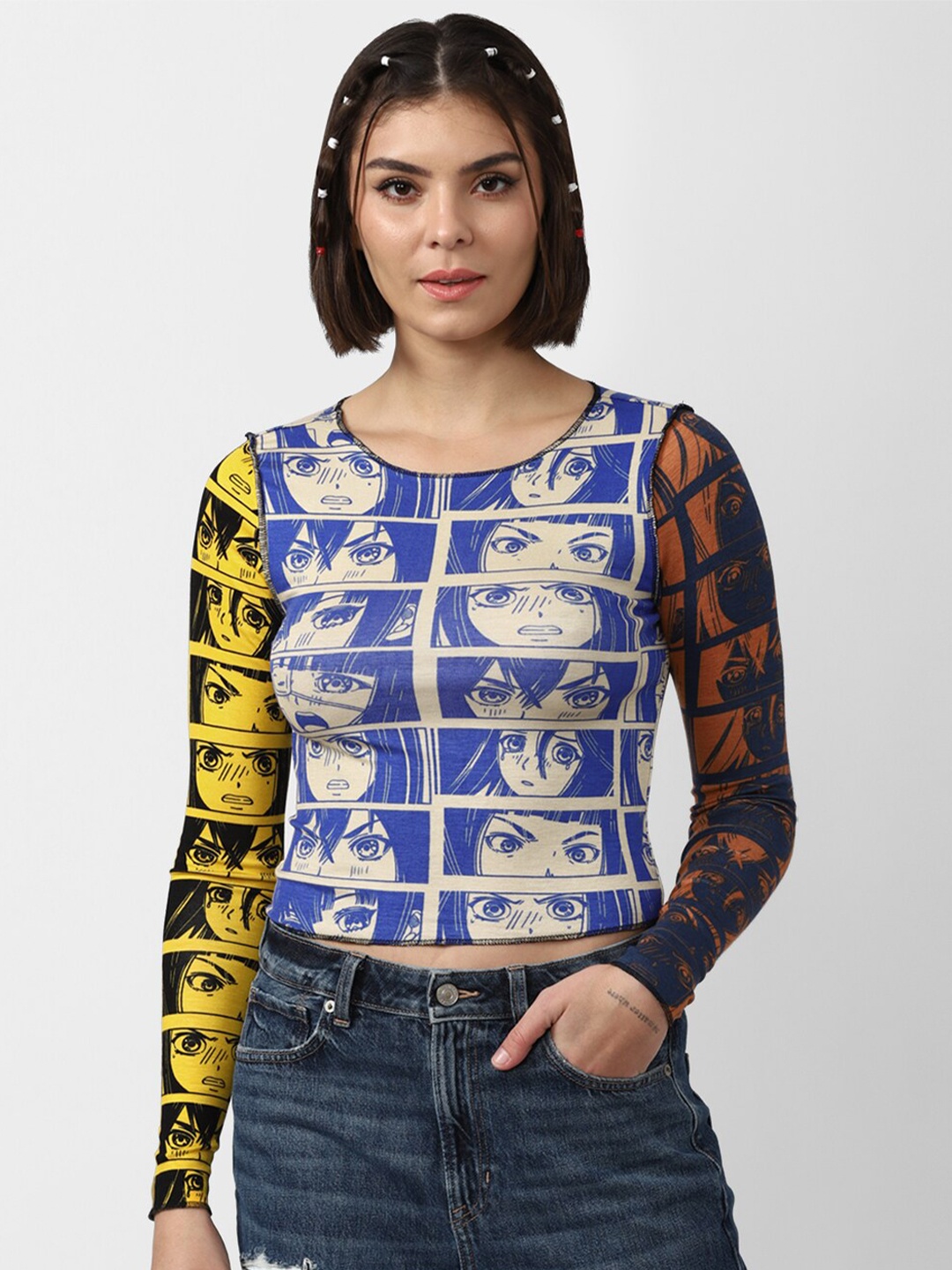 

FOREVER 21 Blue & Yellow Printed Crop Top