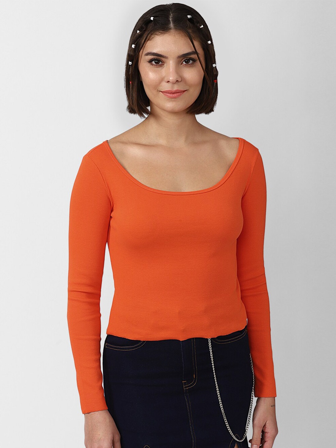 

FOREVER 21 Women Orange Solid Fitted Top