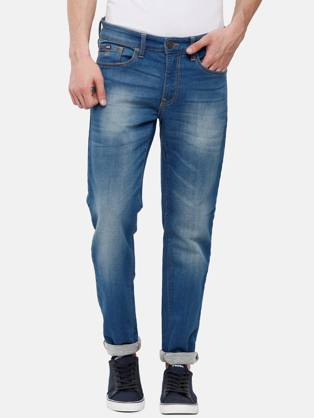 

Double Two Men Lean Slim Fit Low-Rise Heavy Fade Stretchable Jeans, Blue