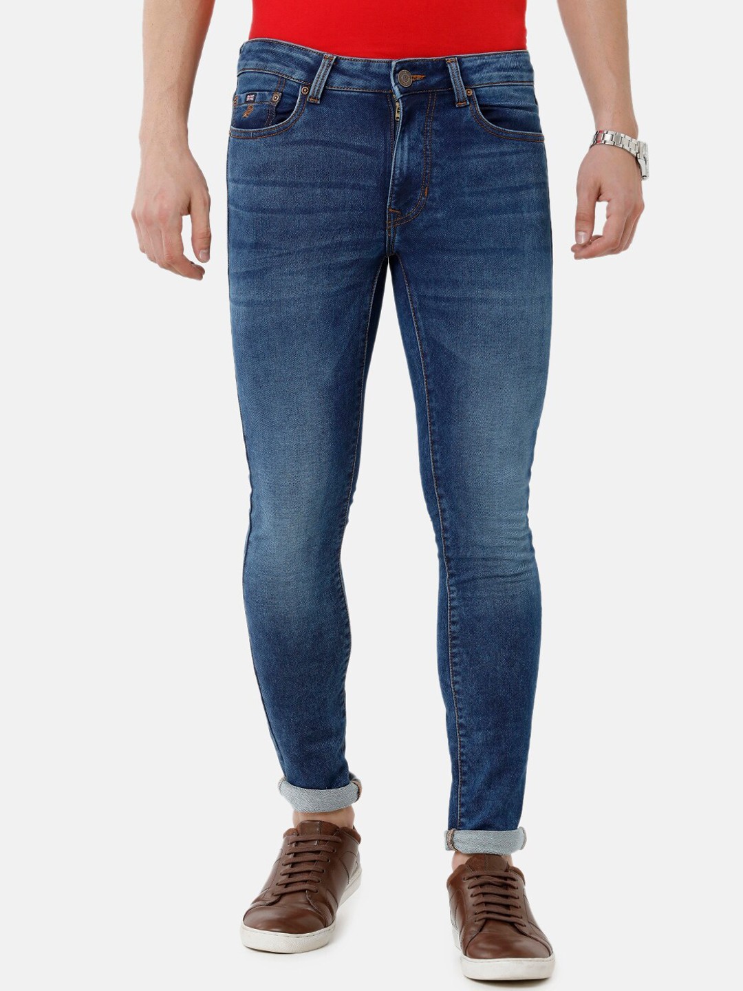 

Double Two Men Lean Slim Fit Low-Rise Heavy Fade Stretchable Jeans, Blue