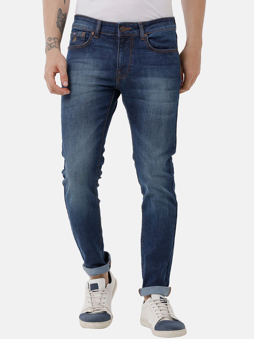 

Double Two Men Lean Slim Fit Low-Rise Stretchable Jeans, Blue