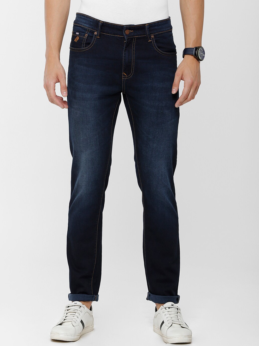 

Double Two Men Lean Slim Fit Low-Rise Heavy Fade Stretchable Jeans, Blue