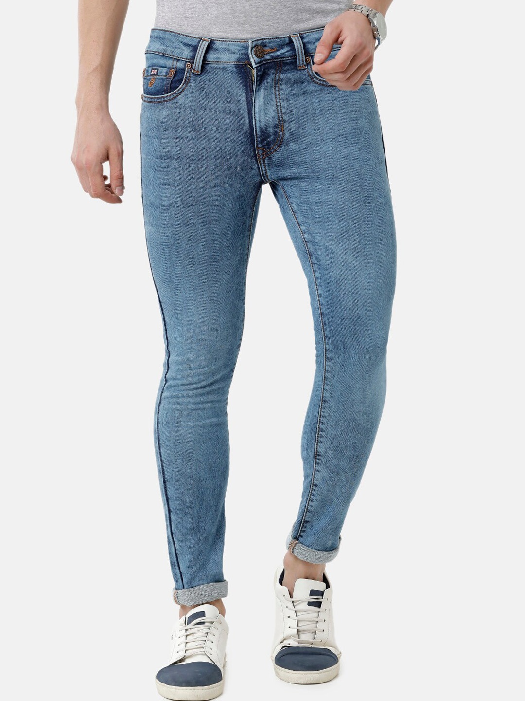 

Double Two Men Lean Slim Fit Low-Rise Heavy Fade Stretchable Jeans, Blue