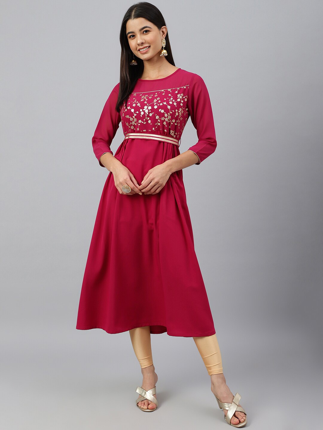 

Janasya Women Maroon Solid Yoke Design Poly Crepe Flared Kurta