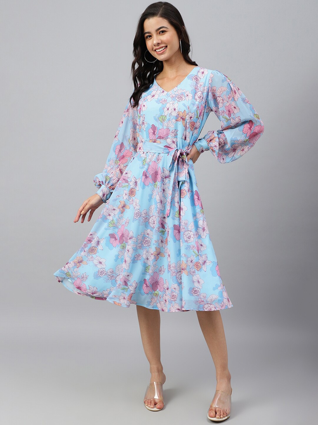 

Janasya Woman Floral Flared Georgette A-Line Midi Dress, Blue