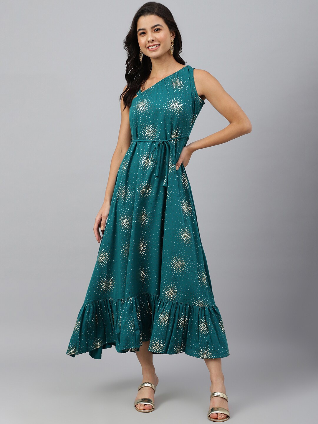 

Janasya Women Teal Green Poly Crepe Printed Flared Ethnic Dress