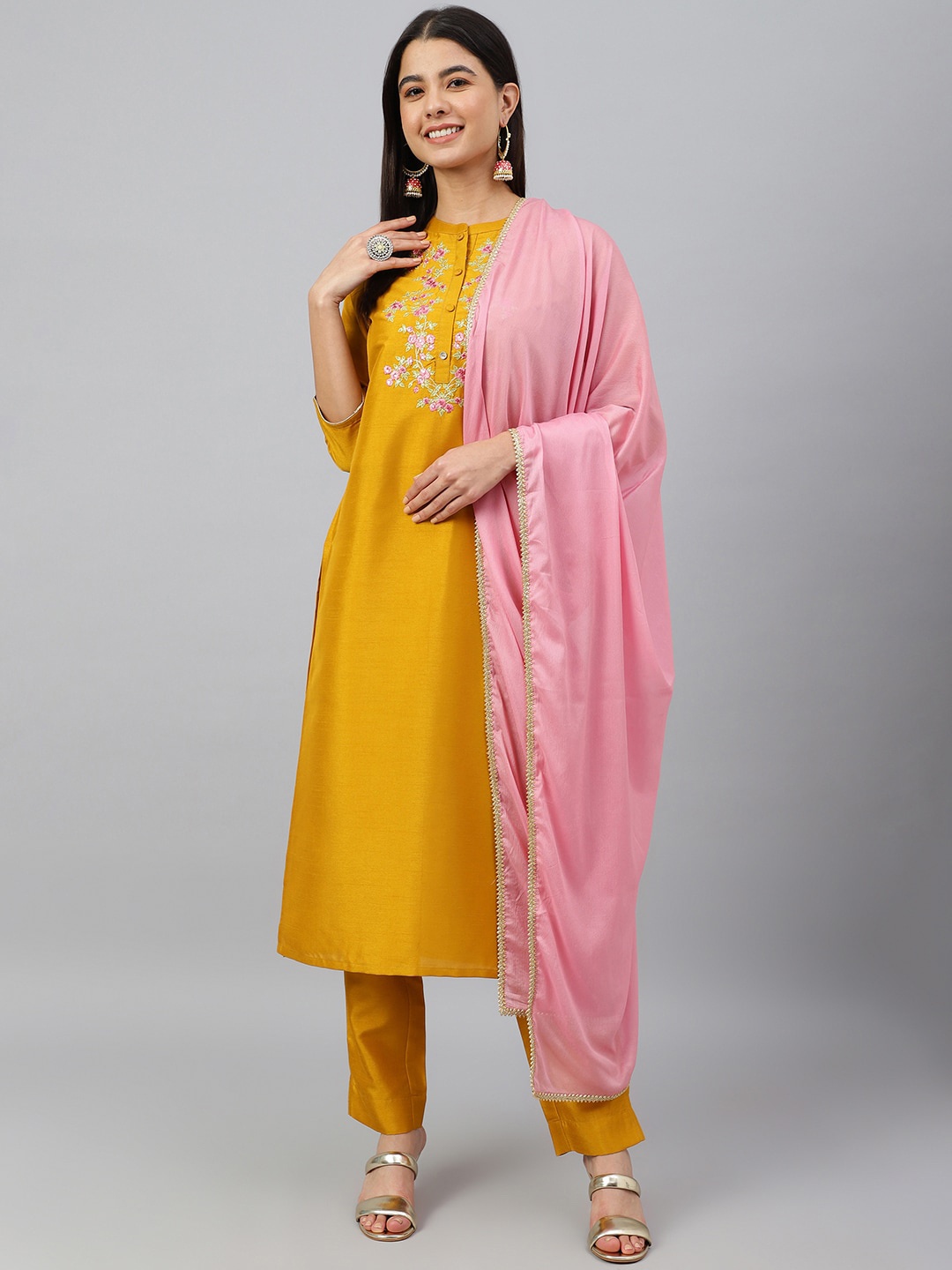 

Janasya Women Mustard Poly Silk Solid Kurta with Pant and Dupatta