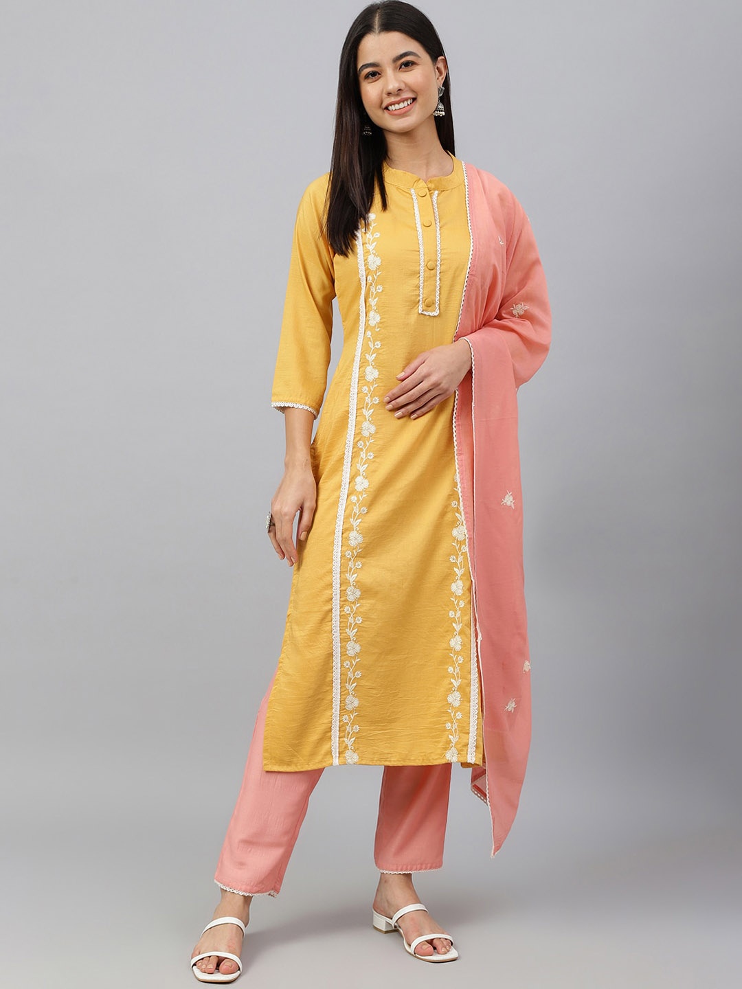 

Janasya Women Mustard Poly Silk Floral Embroidery Kurta with Pant and Dupatta