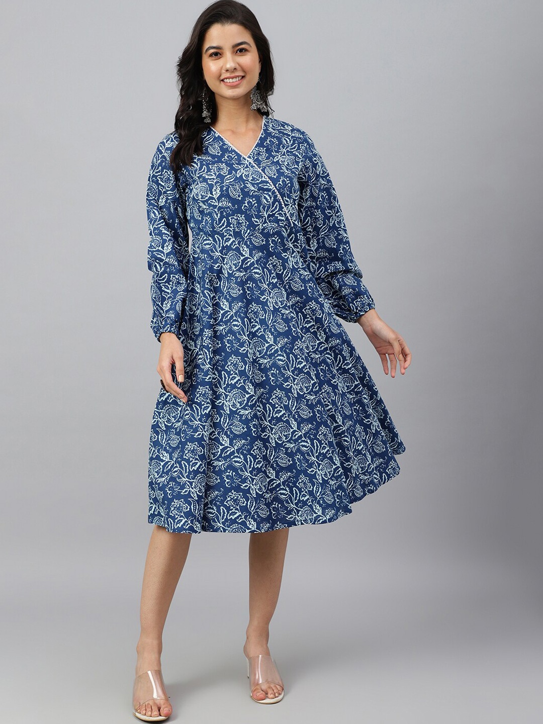 

Janasya Women Navy Blue Cotton Floral Print Angrakha Western Dress