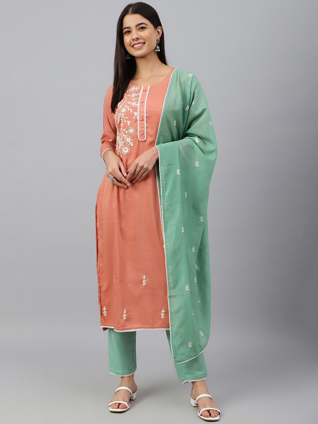 

Janasya Women Coral Poly Silk Floral Embroidery Kurta with Pant and Dupatta