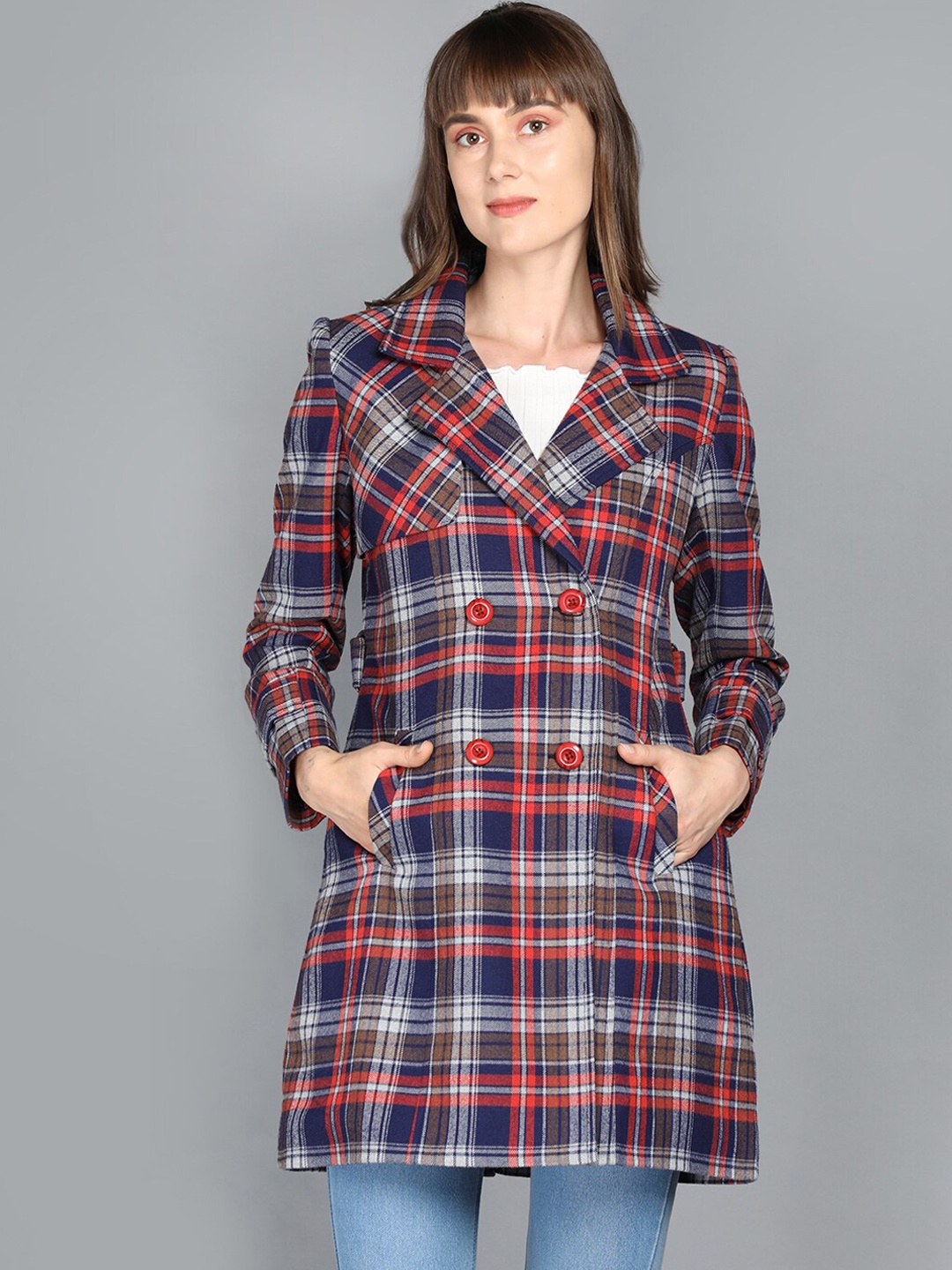 

LEBORK Women Navy Blue & Red Checked Woolen Double-Breasted Coat