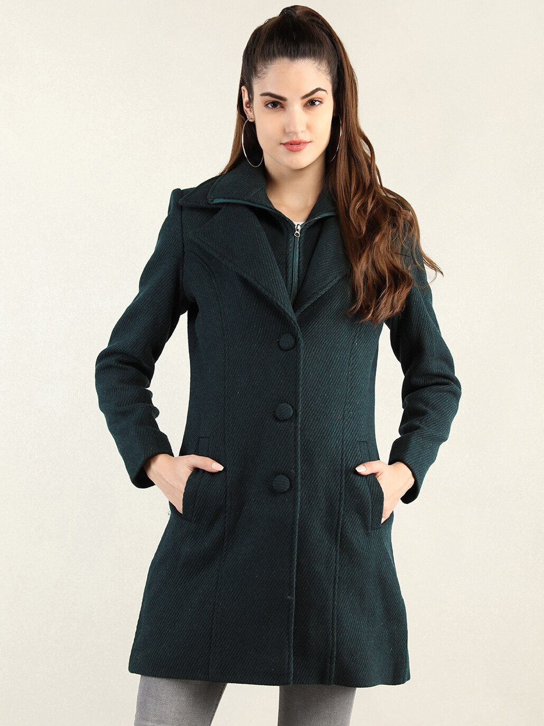 

LEBORK Women Green Solid Longline Coats