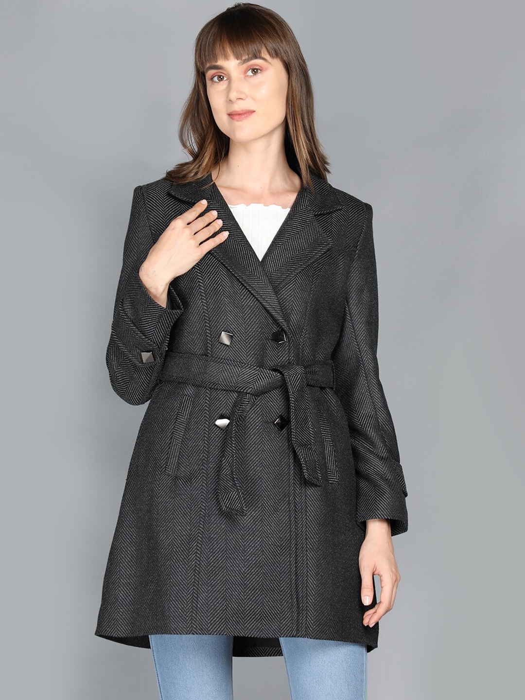 

LEBORK Women Grey Self Design Winter Over Coats