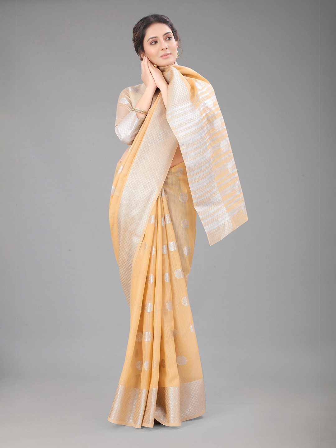 

M M Venture Orange & Silver-Toned Woven Design Zari Linen Blend Saree