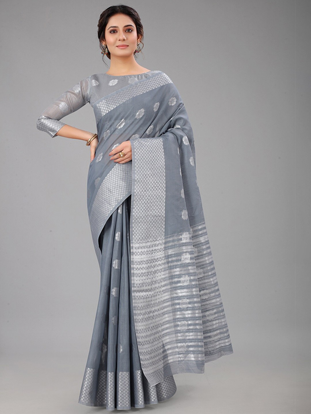 

M M Venture Grey & Silver-Toned Woven Design Zari Saree