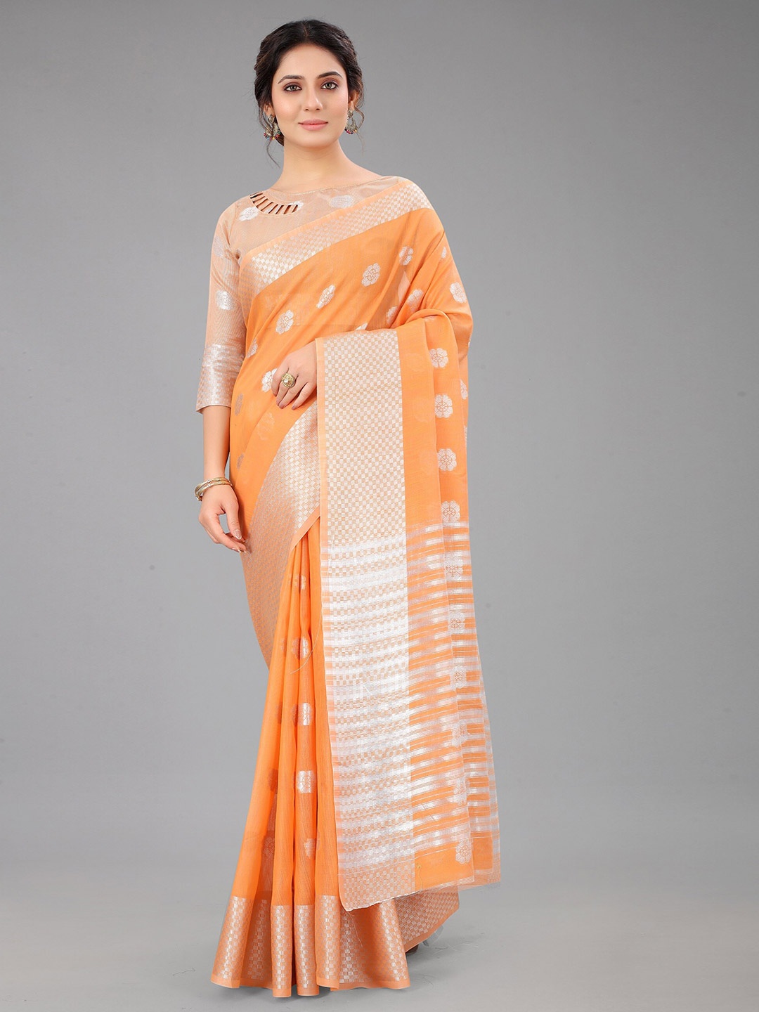 

M M Venture Orange & Silver-Toned Woven Design Zari Linen Blend Saree With Blouse Piece