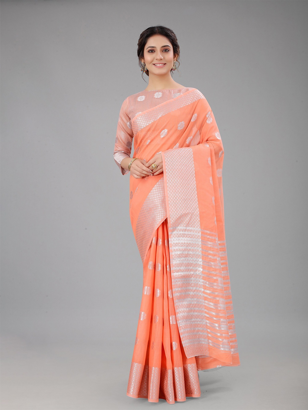 

M M Venture Peach-Coloured & Silver-Toned Floral Zari Linen Blend Saree