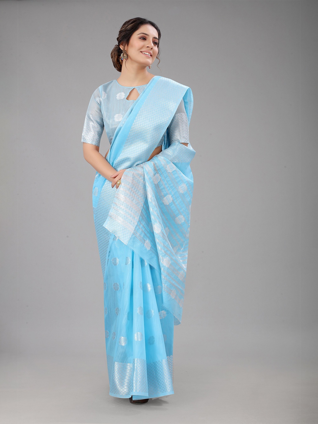 

M M Venture Blue & Silver Woven Design Zari Linen Blend Saree