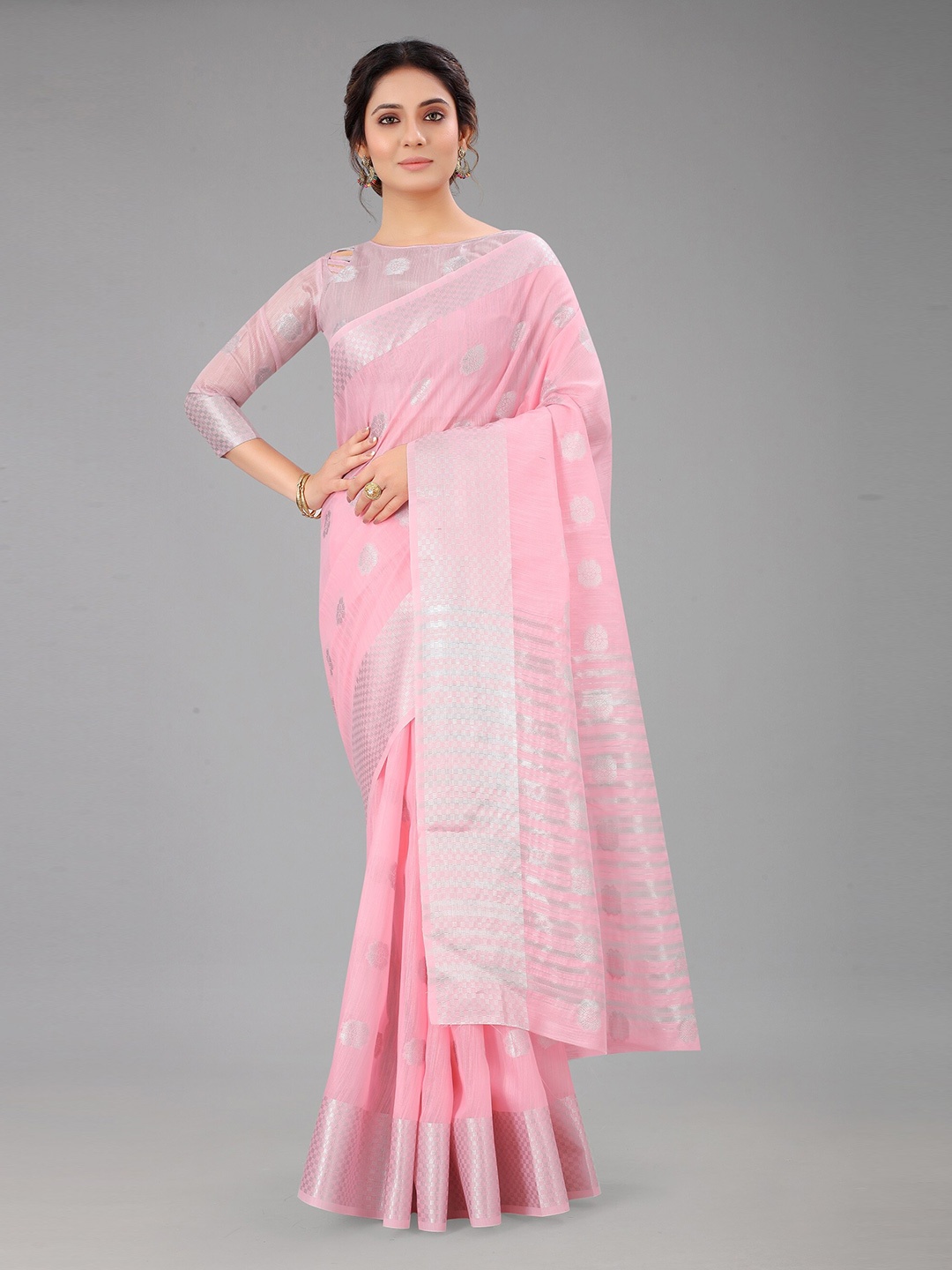 

M M Venture Pink & Silver-Toned Floral Zari Linen Blend Saree