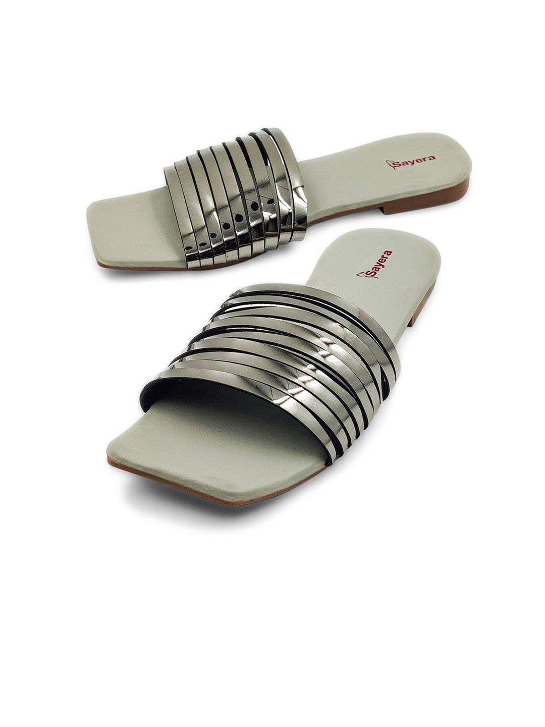 

Sayera Women Metallic Open Toe Flats, Grey