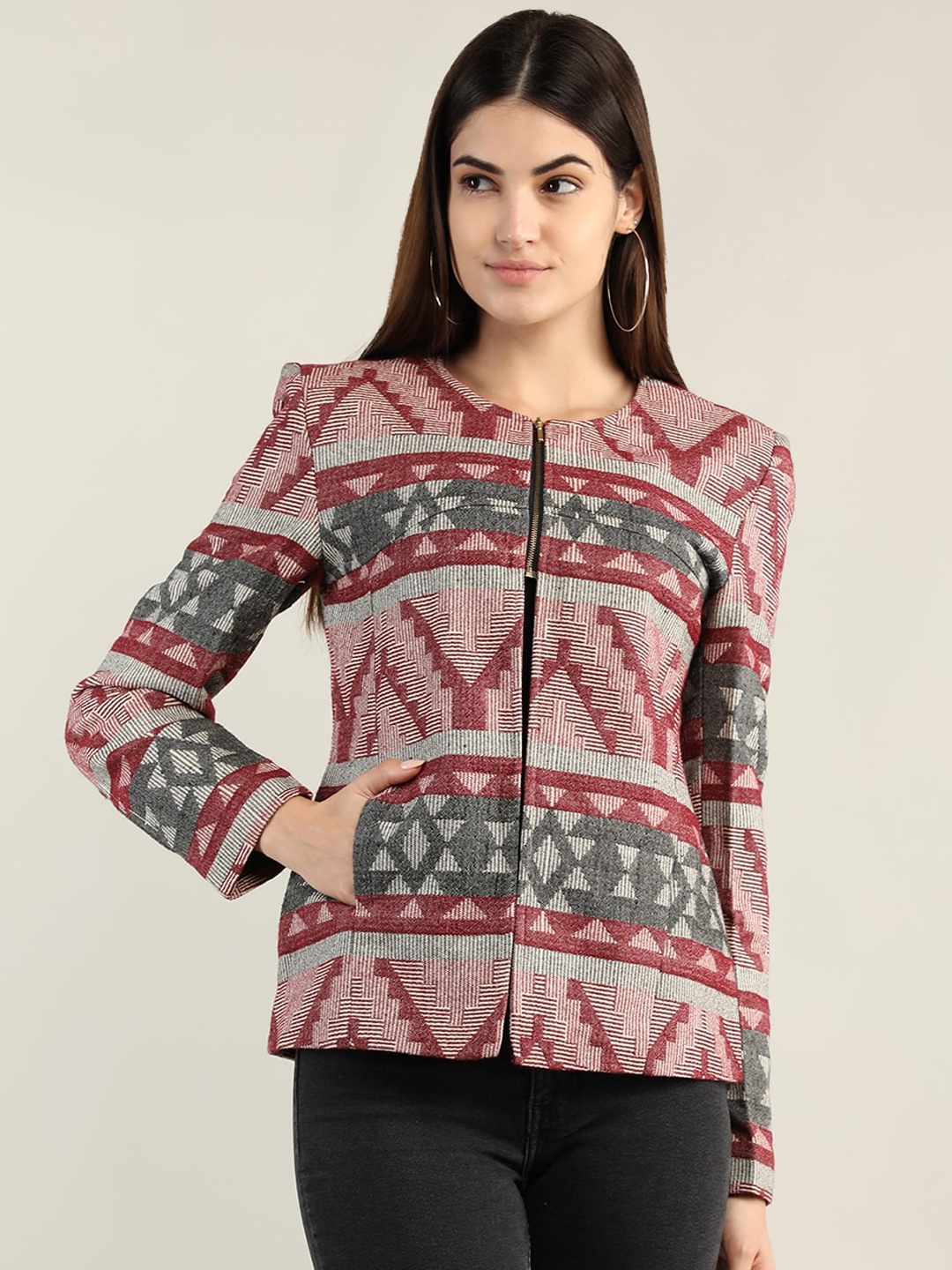 

HANG N HOLD Women Brown & Grey Self Design Over Coat