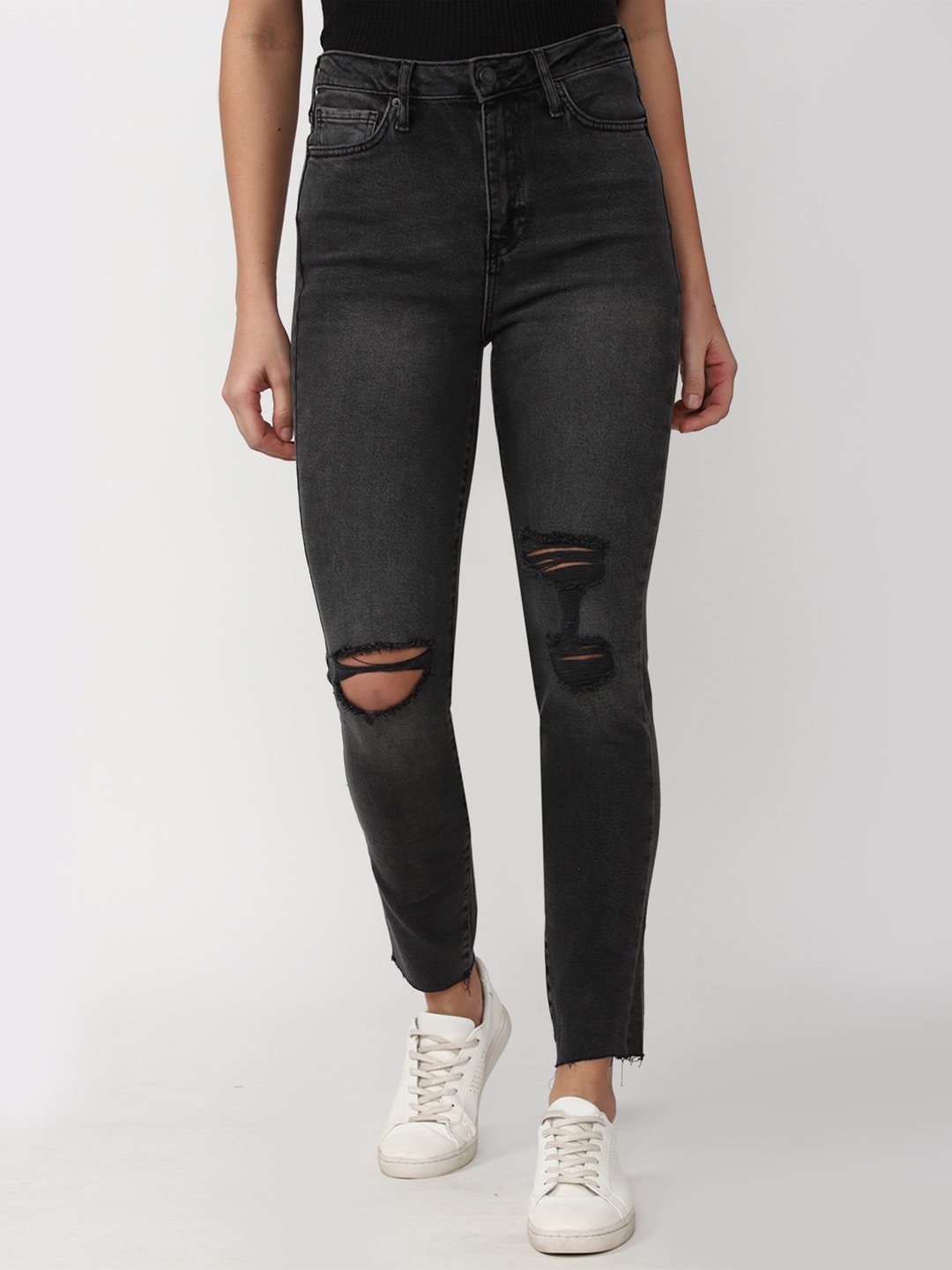 

FOREVER 21 Women Black Slash Knee Light Fade Jeans