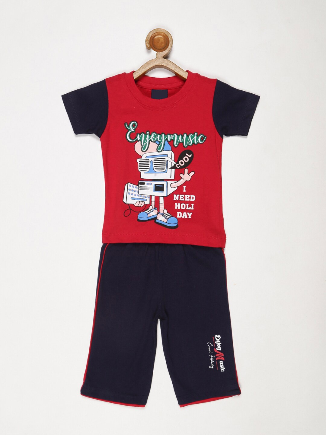 

V2 Value & Variety Boys Red & Navy Blue Printed T-shirt and Shirt with Pyjamas