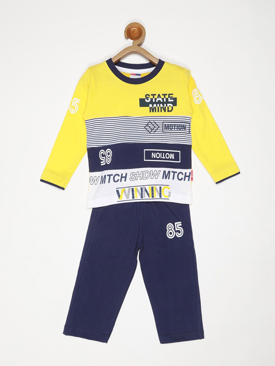 

V2 Value & Variety Boys Yellow & Navy Blue Printed T-shirt with Trousers
