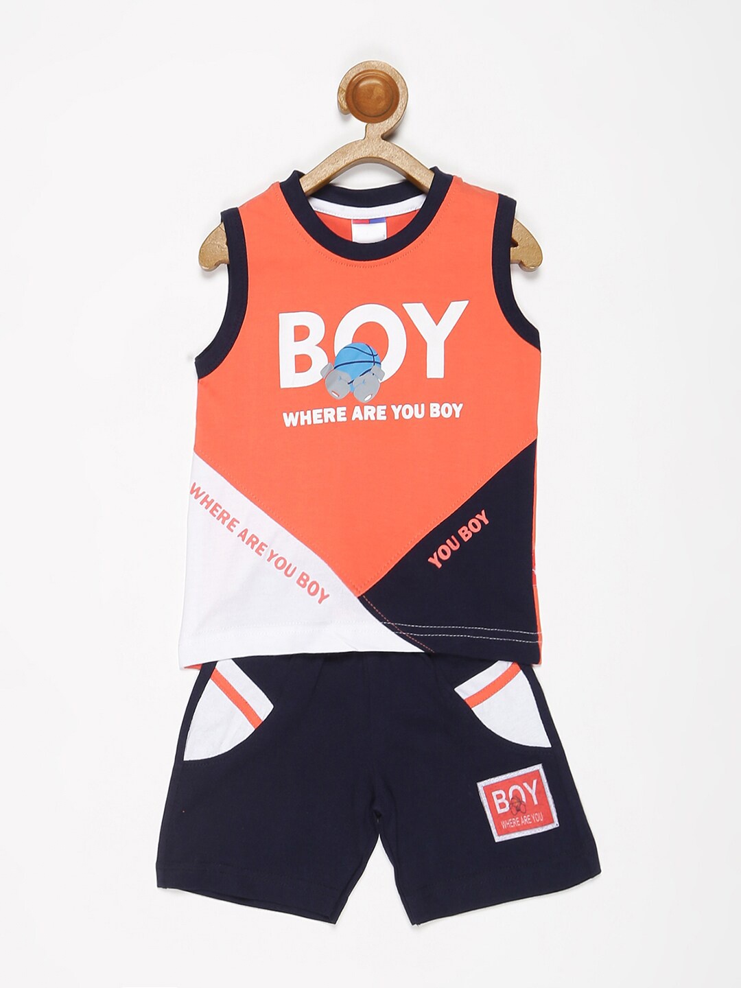 

V2 Value & Variety Boys Orange & Navy Blue Printed Top with Shorts