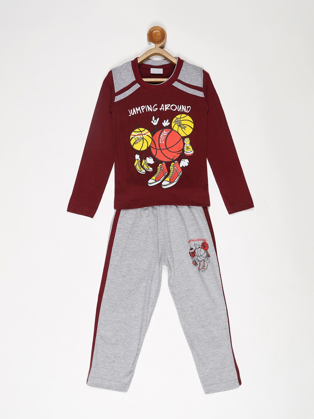 

V2 Value & Variety Boys Maroon & Grey Melange Printed T-shirt with Pyjamas