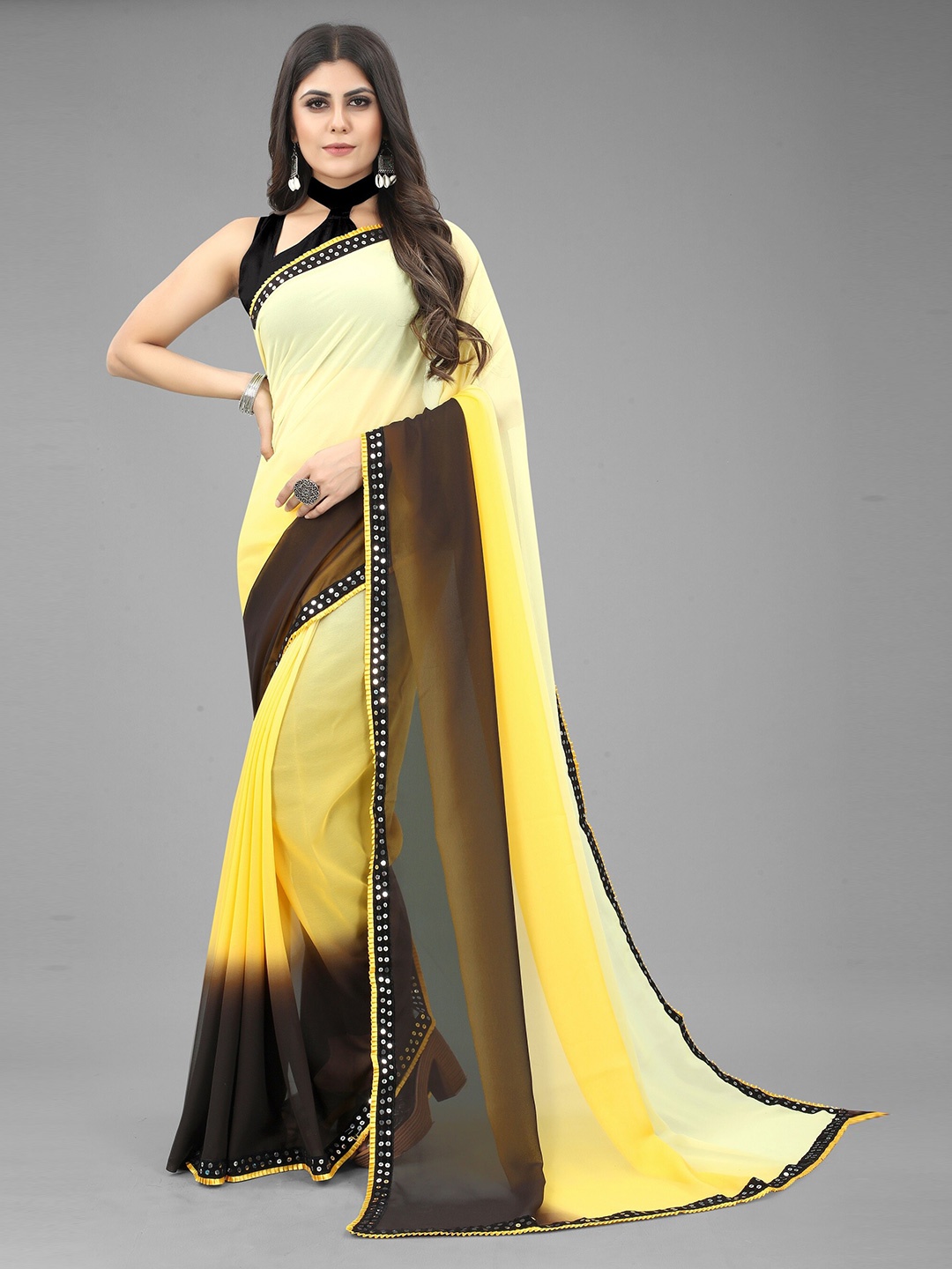 

M M Venture Yellow & Black Mirror Work Pure Georgette Saree